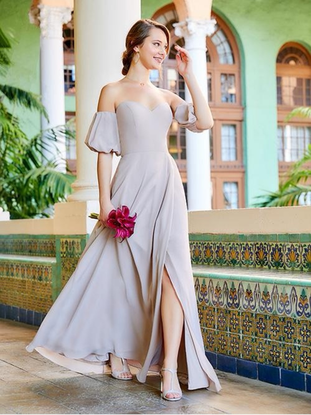 Christina Wu One-Shoulder Taupe Evening Gown with Puff Sleeve